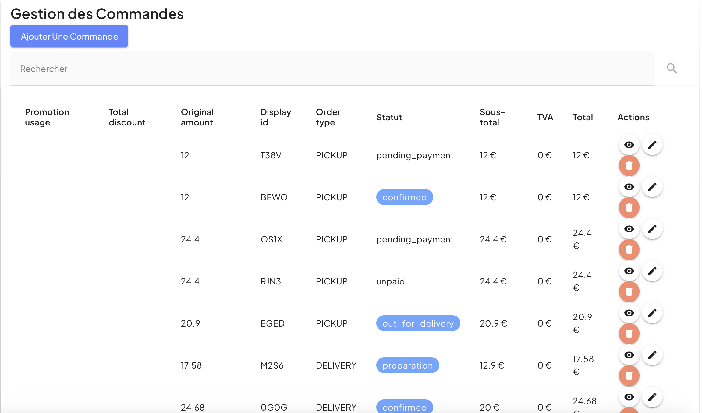 Historique des commandes avec statuts, montants et actions par commande