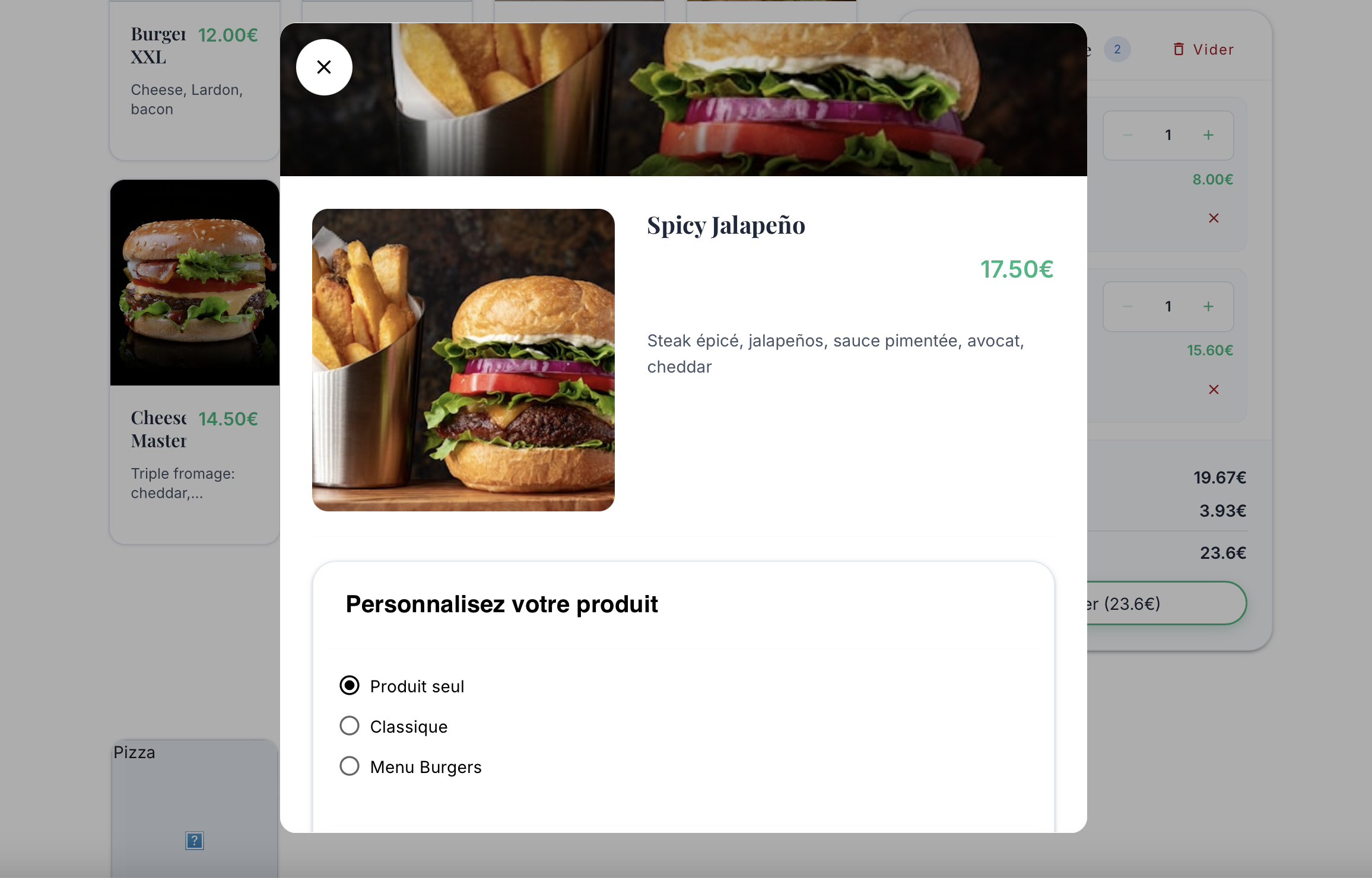 Personnalisation d'un burger avec choix de formule sur le site de commande Savoryo
