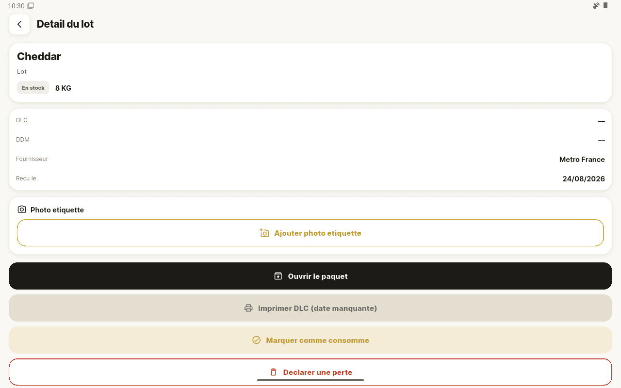 Détail d'un lot de stock sur tablette