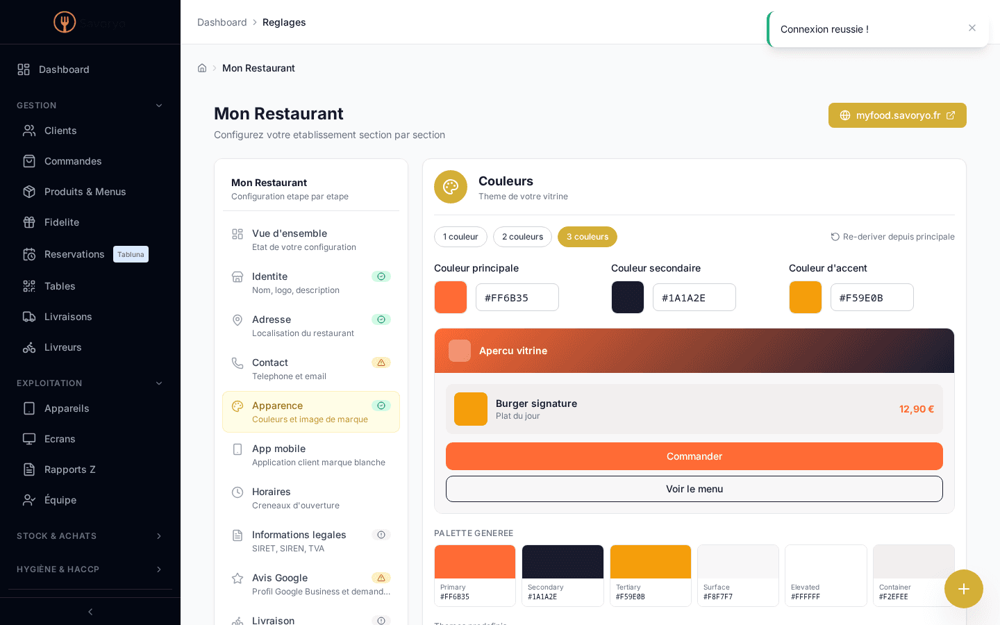 Configuration du thème de marque blanche dans l'espace restaurateur