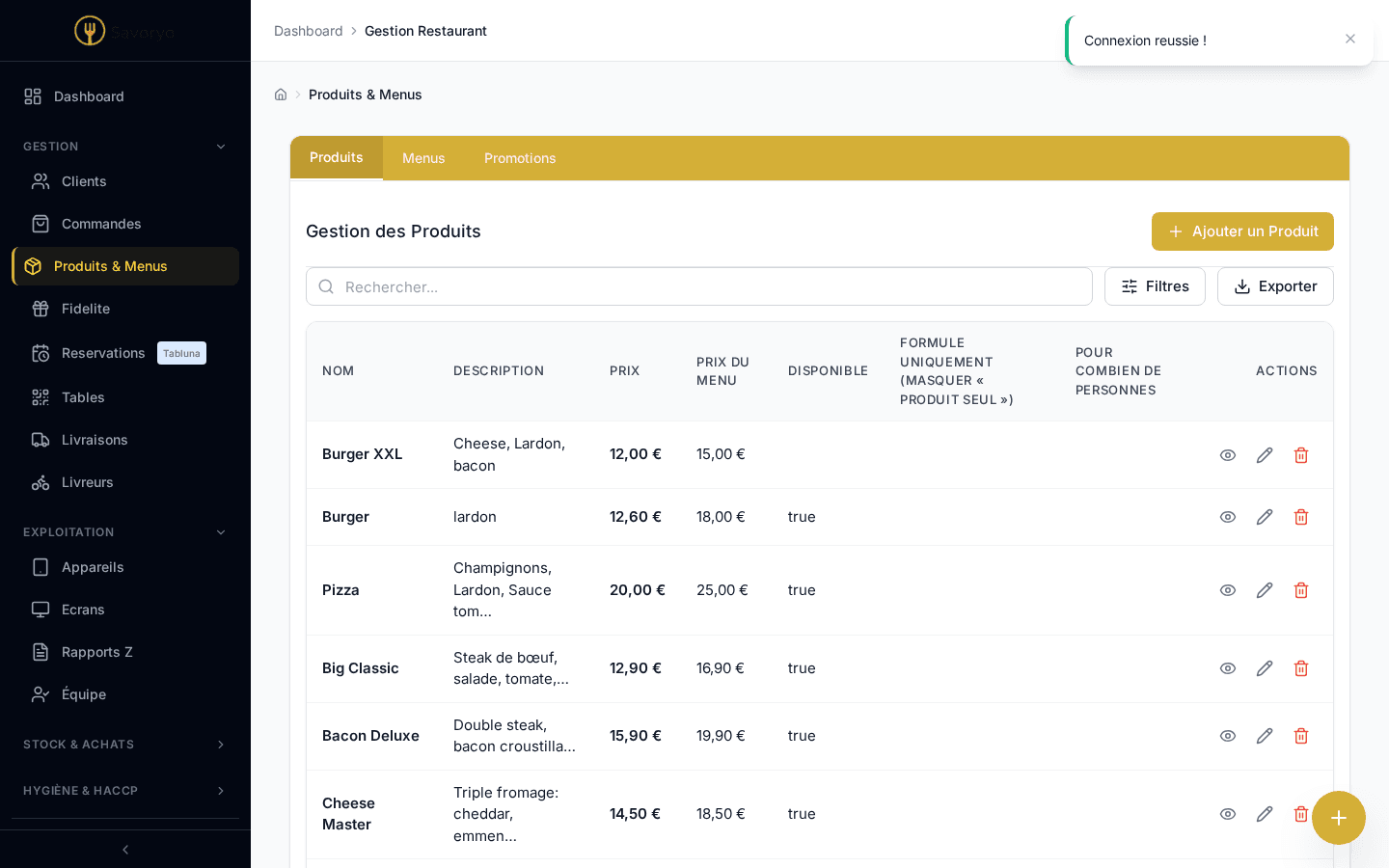 Gestion des produits et menus dans l'espace restaurateur Savoryo