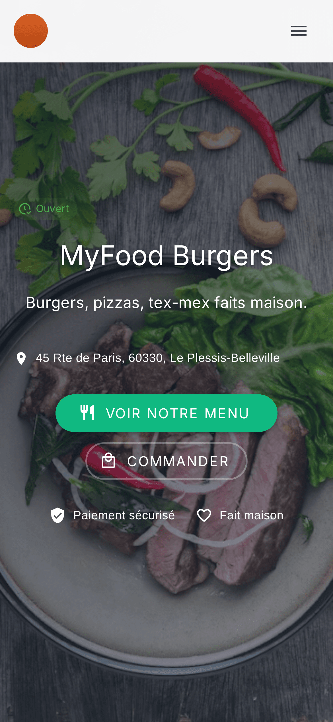 Page d'accueil du site de commande d'un restaurant, à sa propre marque