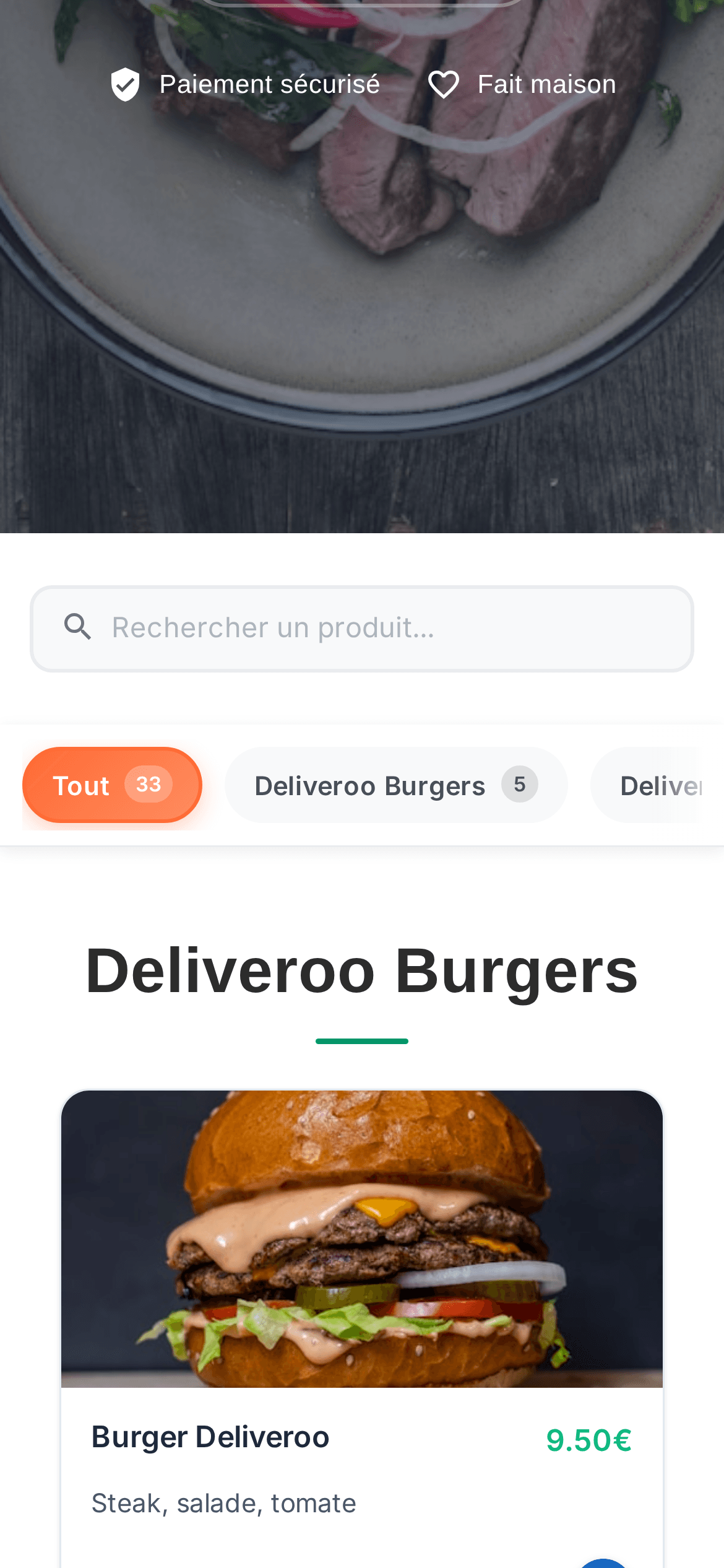 Catégories du menu affichées sur le site de commande en ligne