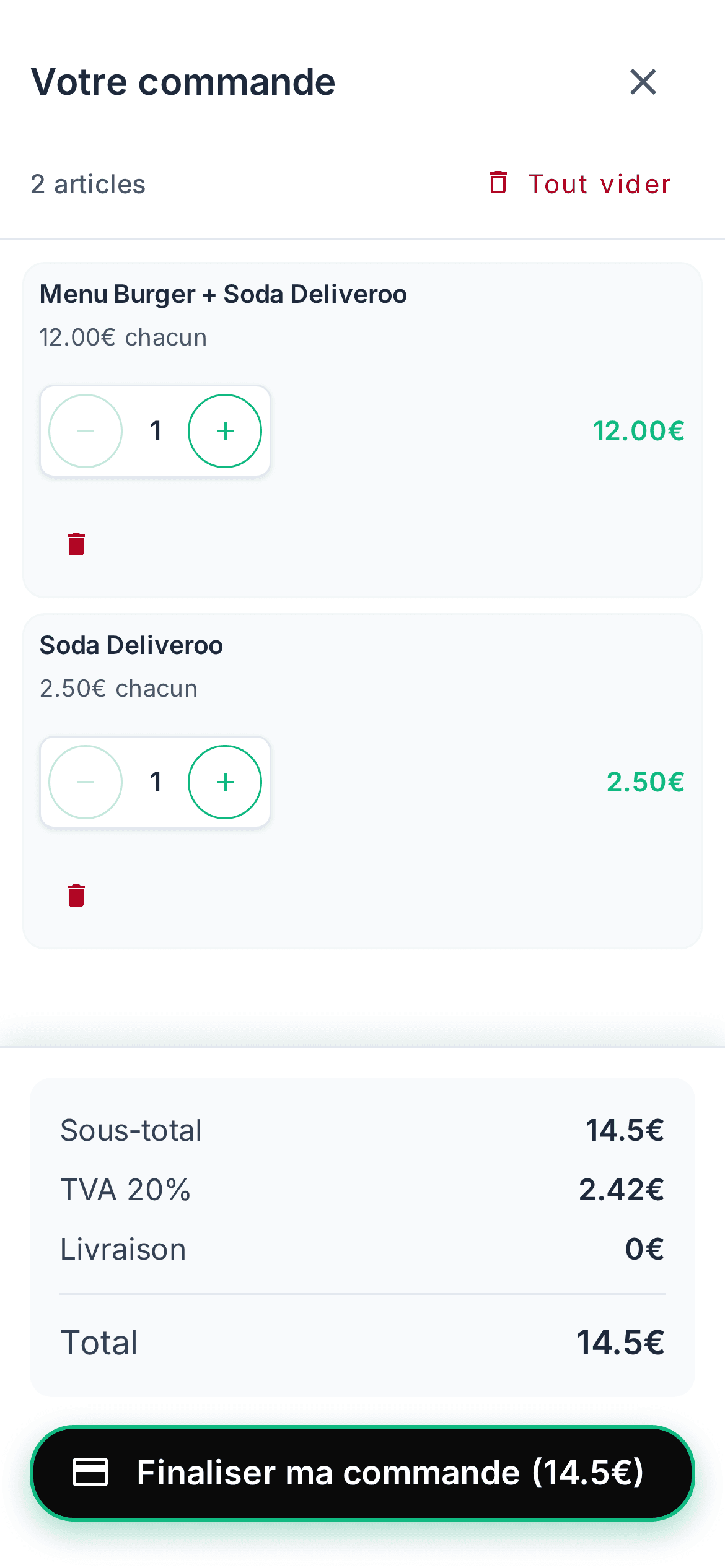 Panier de commande avec articles et mode de service sur le site Savoryo