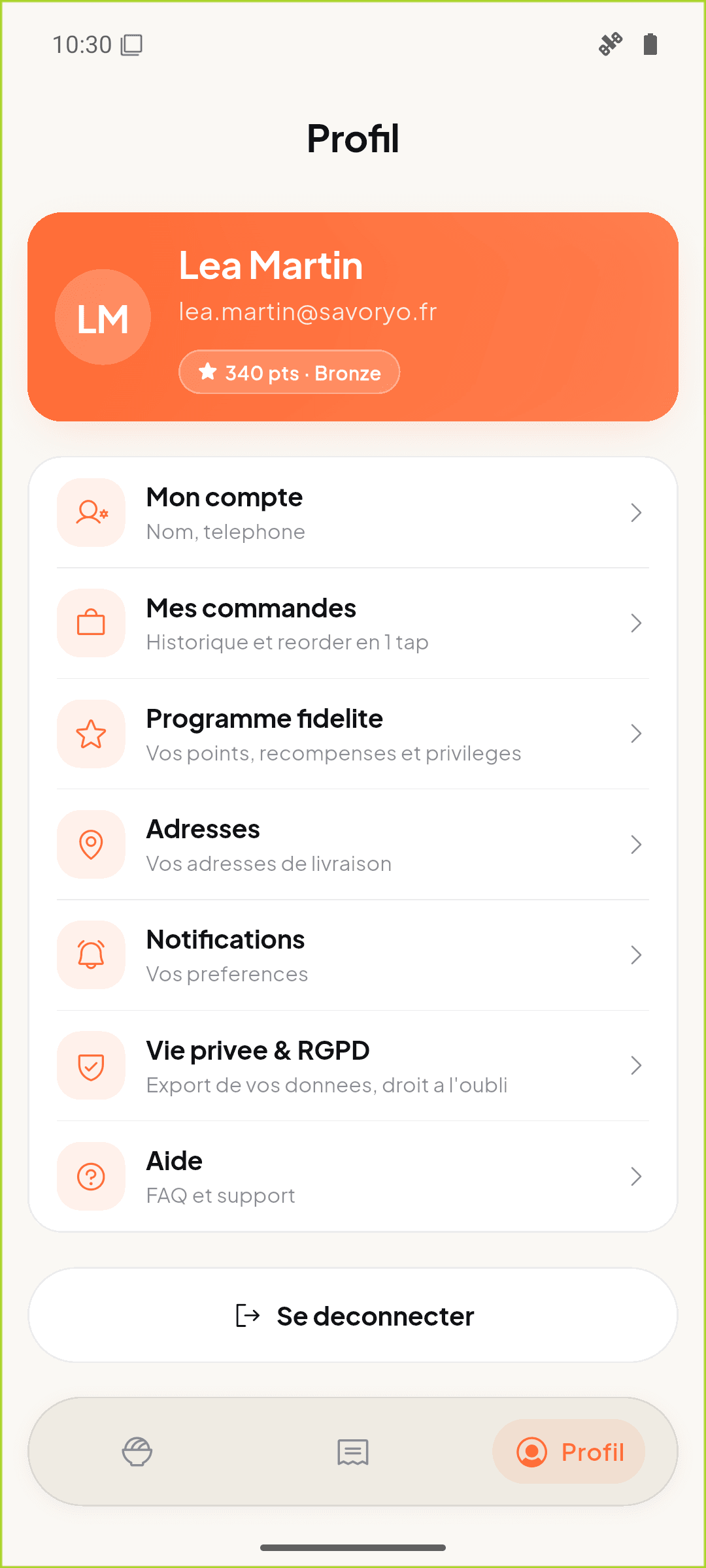 Profil client connecté dans l'application mobile, avec solde de points fidélité