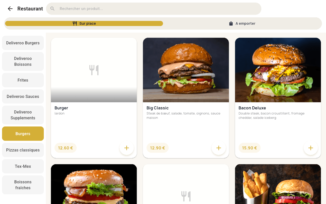 Catalogue produits de la borne avec photos, catégorie Burgers