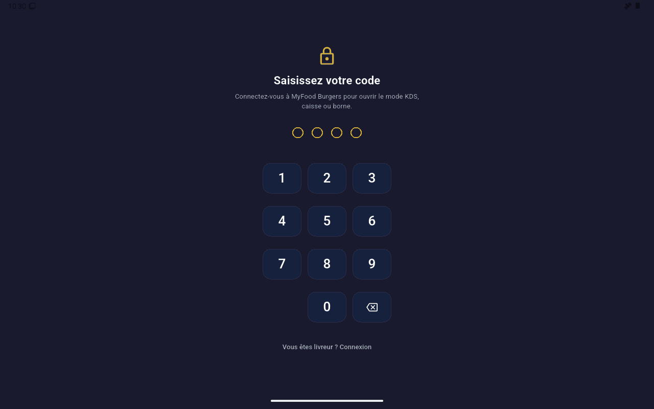 Écran de code PIN à 4 chiffres pour ouvrir la caisse, le mode cuisine ou la borne sur la tablette