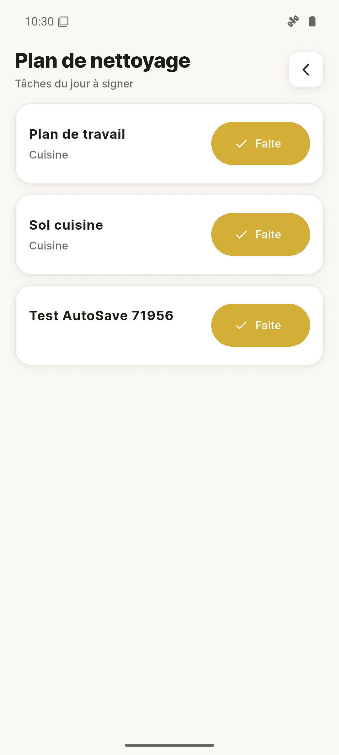 Liste des tâches HACCP du jour sur smartphone