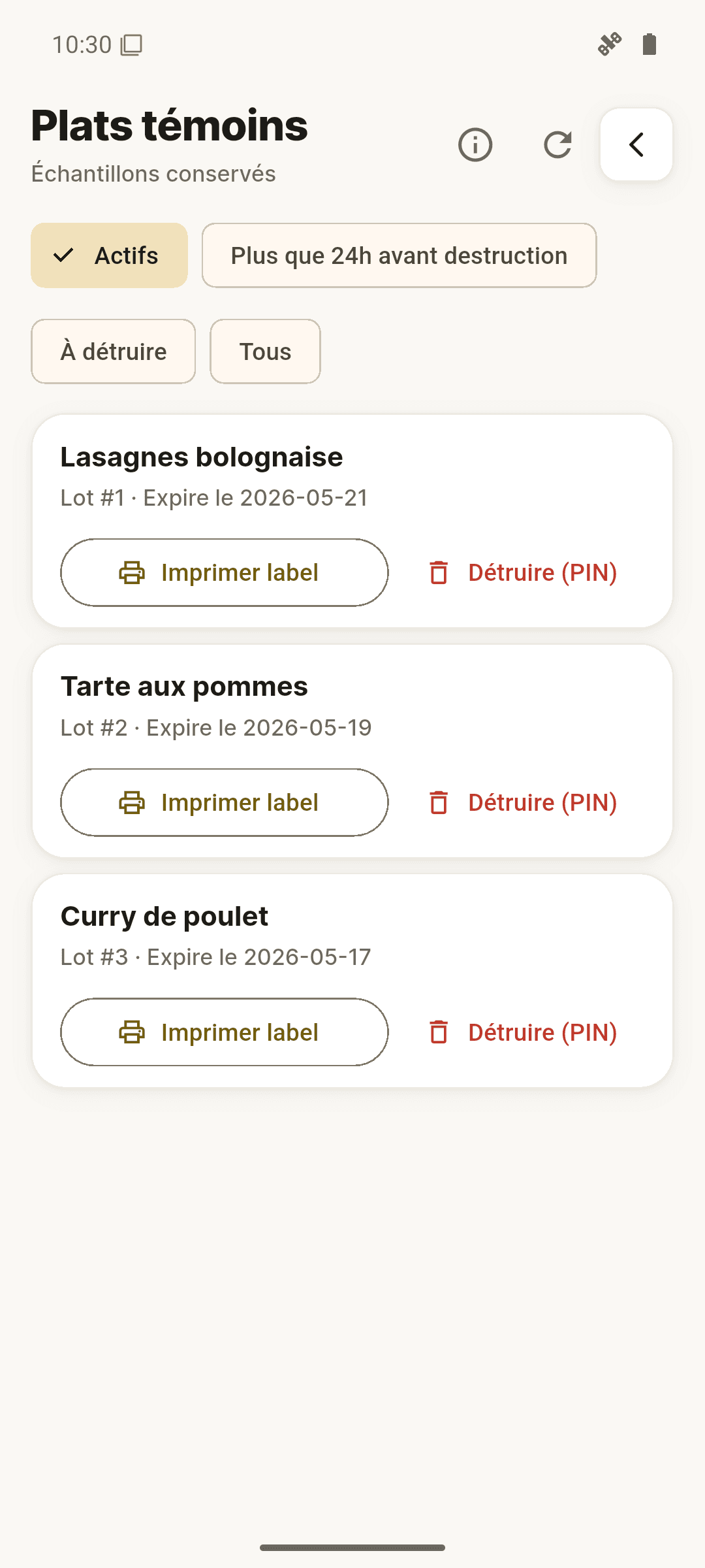 Suivi de traçabilité des plats témoins sur smartphone